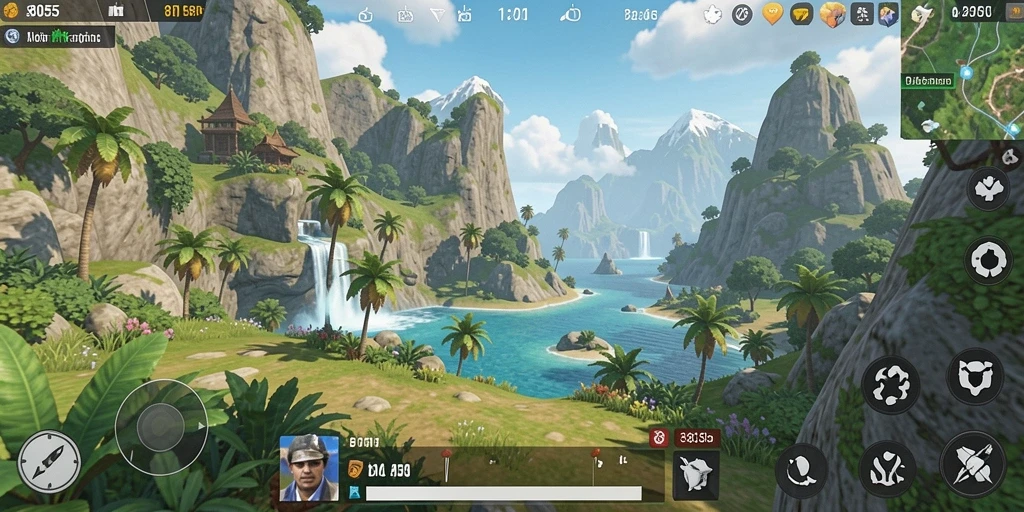 Screenshot gameplay Open World dari 8055 dengan pemandangan menakjubkan.