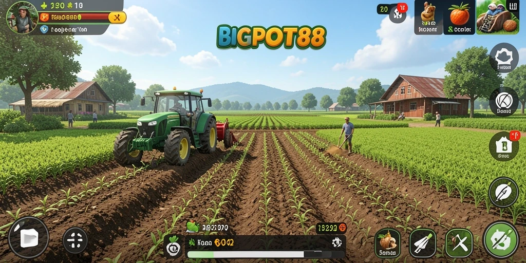Screenshot gameplay BIGPOT88 dengan pertanian hijau yang subur.