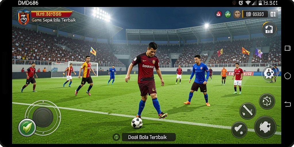 Screenshot utama DMD686 menampilkan aksi seru dalam pertandingan sepak bola.