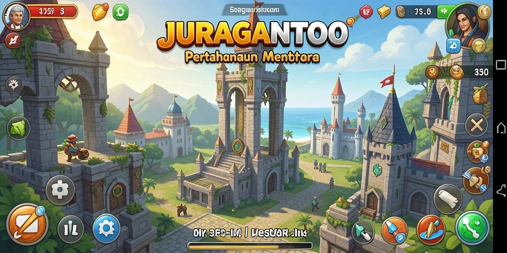 Tampilan gameplay <strong>JURAGANTOTO</strong> menunjukkan aksi seru pertahanan menara.