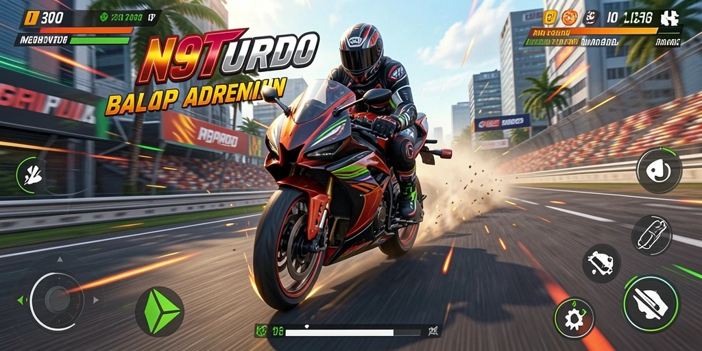 Tampilan gameplay menegangkan dari N9TURBO saat balapan motor.