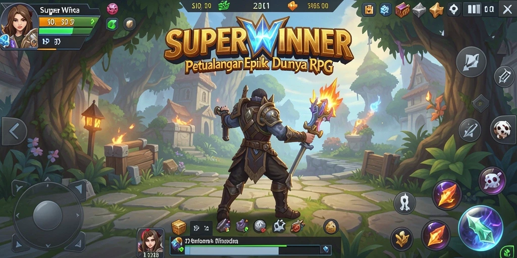 Screenshot gameplay SUPERWINNER menampilkan aksi pertarungan RPG yang dinamis.